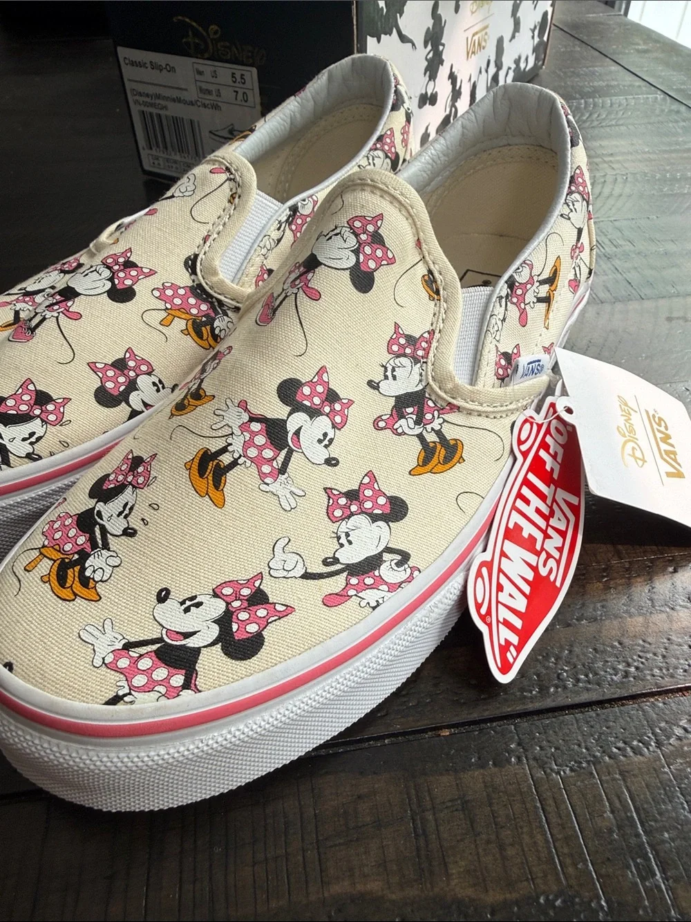 Disney x Vans Kids' Minnie Mouse Slip-On Sneakers - Cream, Pink, Yellow